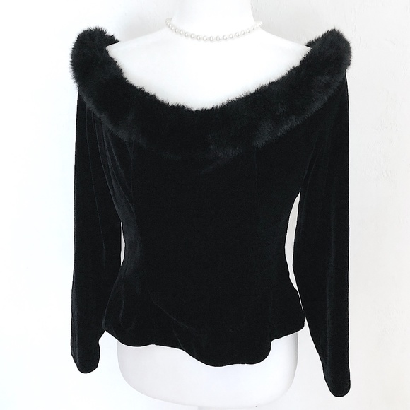 Alex Evenings Tops - ALEX Evenings Black Velvet Faux Fur Top